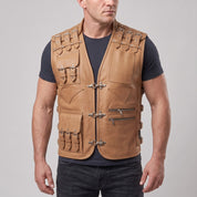 Men's Tan Leather Biker Vest — Newman