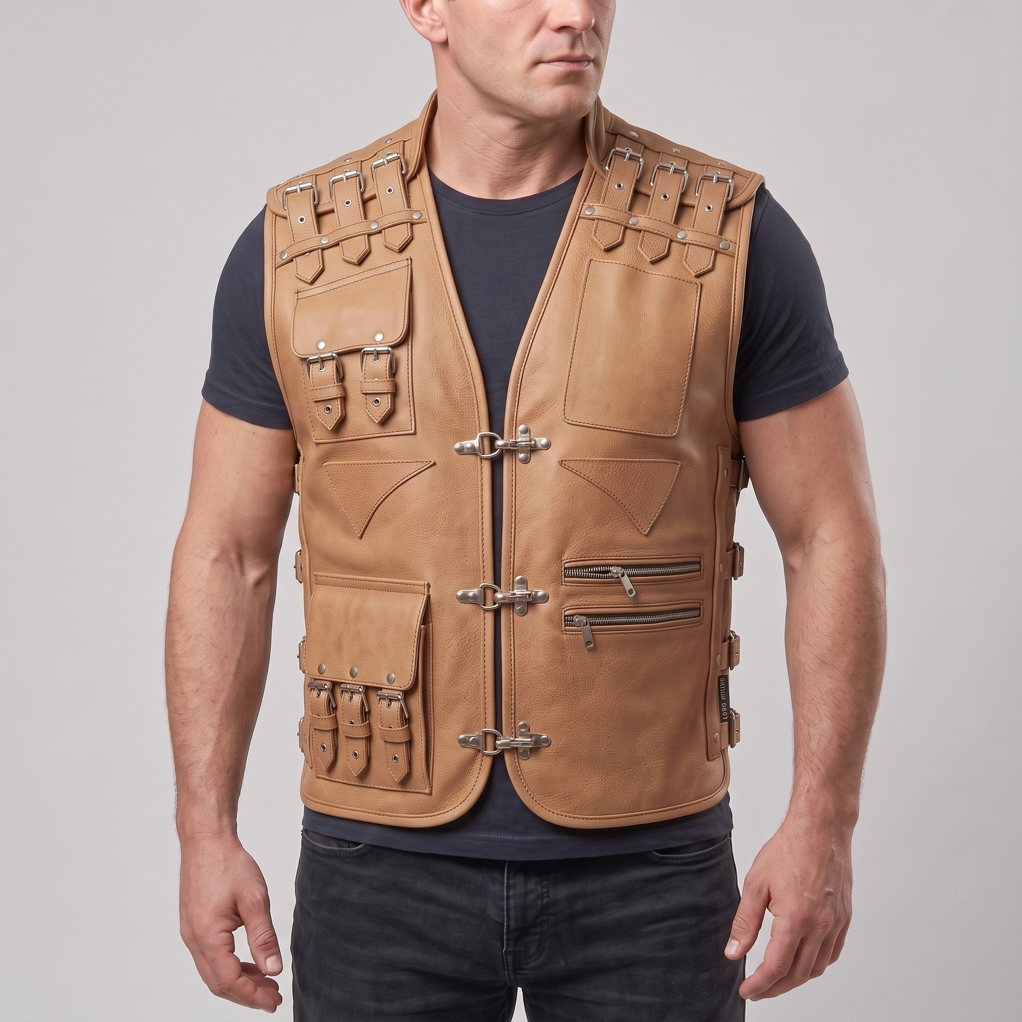 Men's Tan Leather Biker Vest — Newman