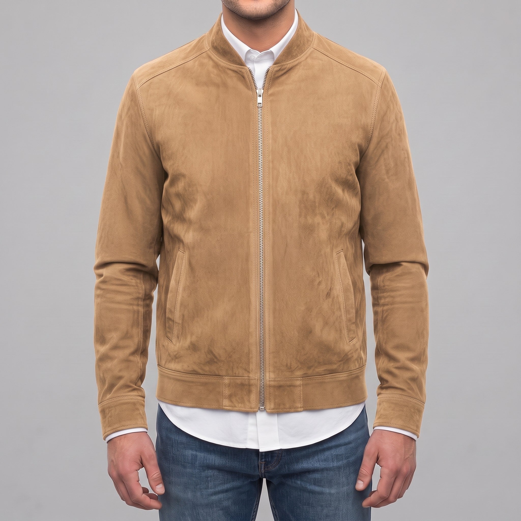 Men's Tan Suede Bomber Jacket — Collier