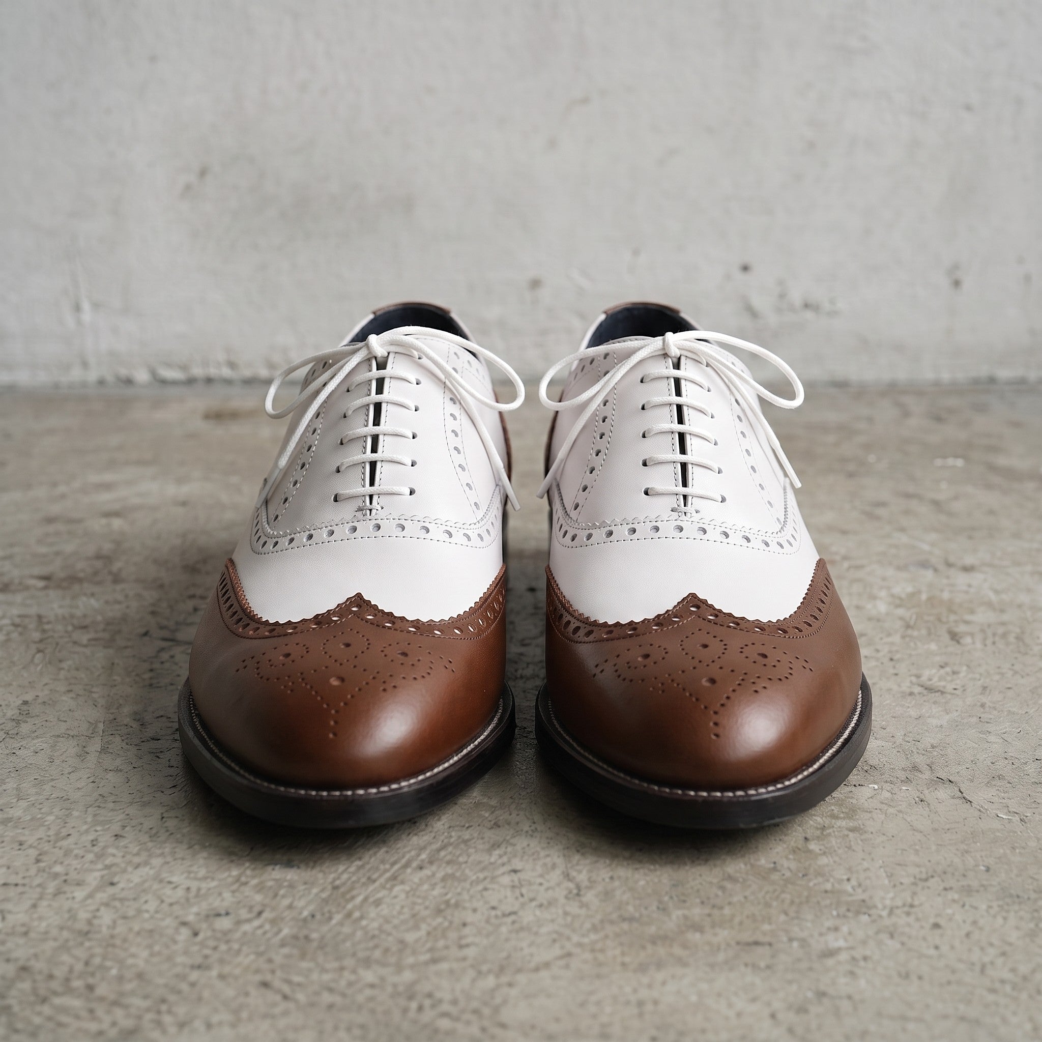Men's Brown and White Two-Tone Wingtip Leather Oxfords — Gunnell