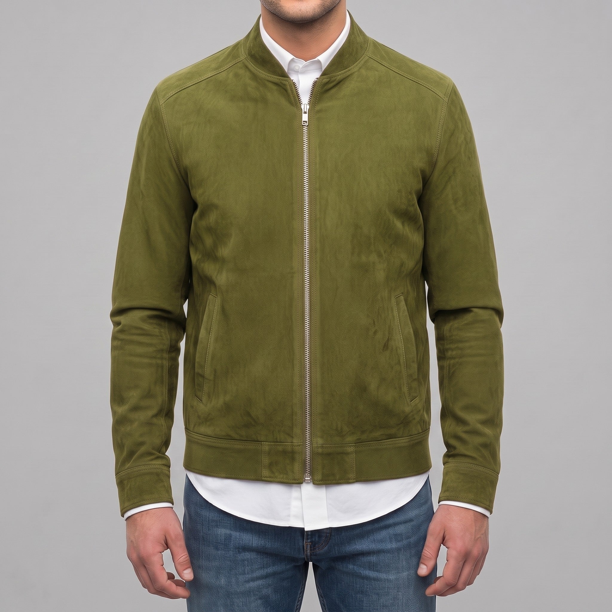 Men's Olive Green Suede Bomber Jacket — Collier