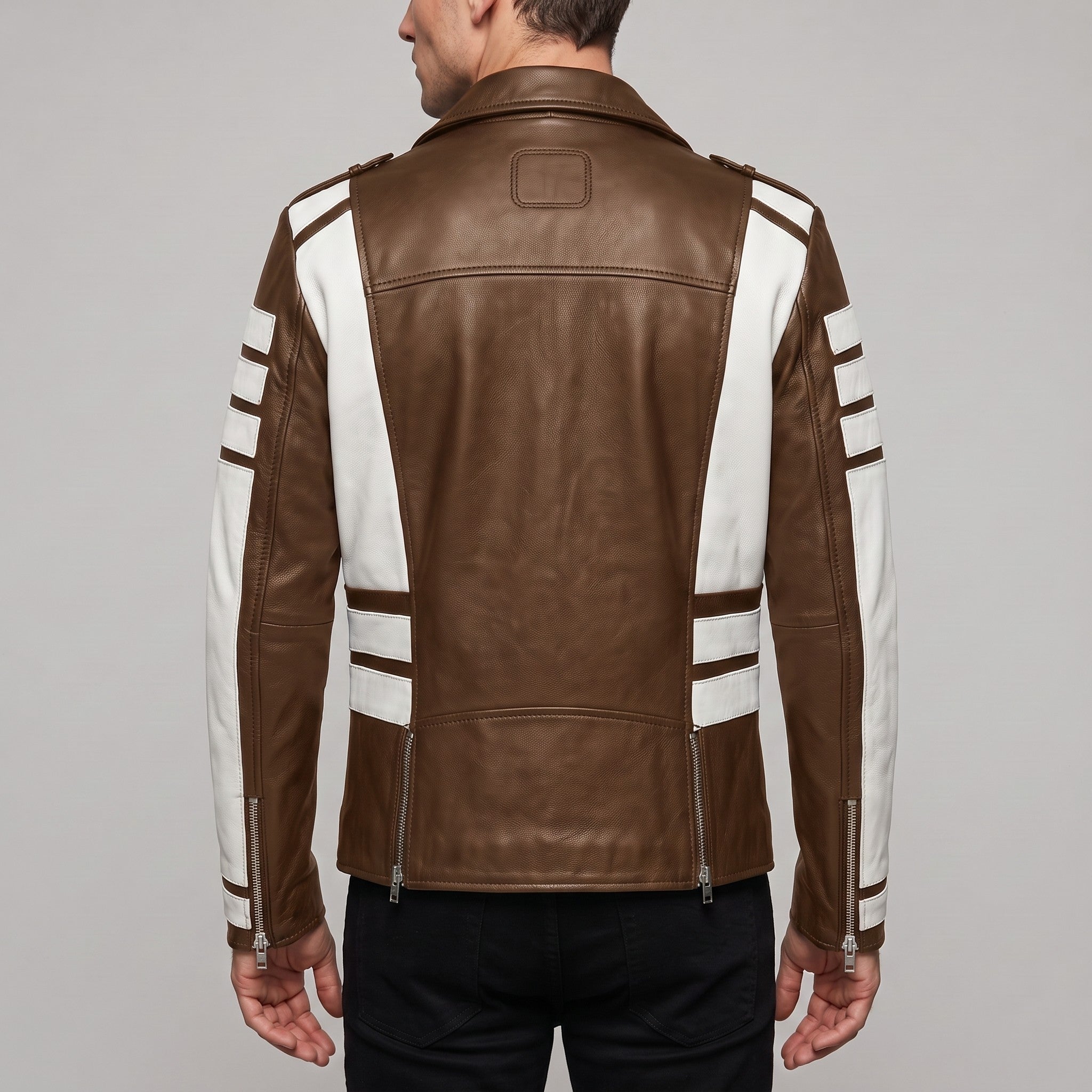 Men's Brown and White Leather Perfecto Biker Jacket — Blunt