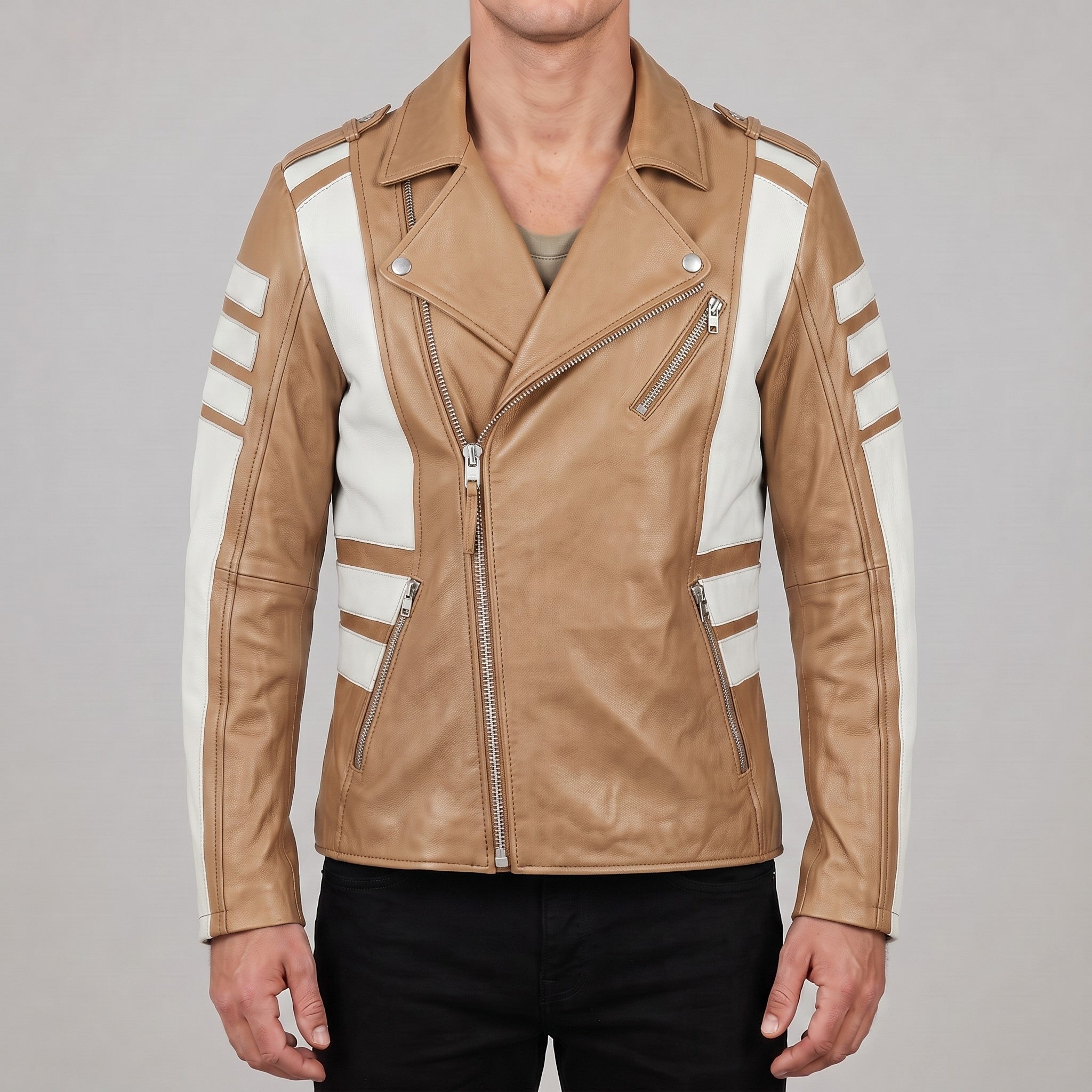 Men's Tan and White Leather Perfecto Biker Jacket — Blunt