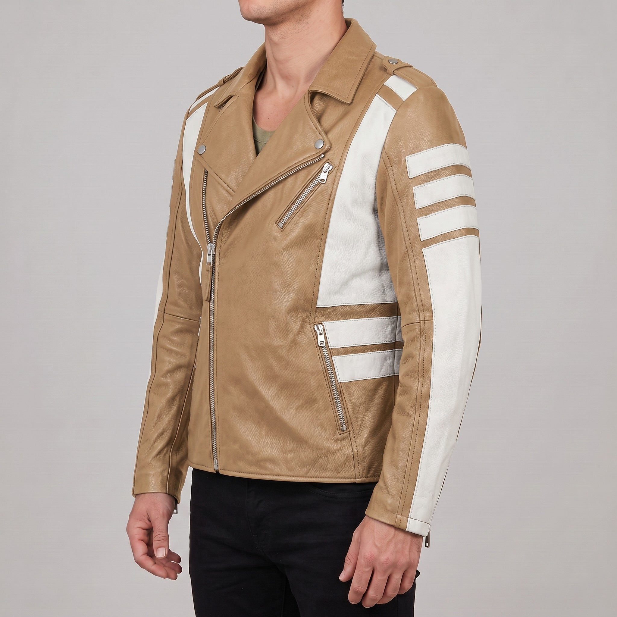 Men's Tan and White Leather Perfecto Biker Jacket — Blunt