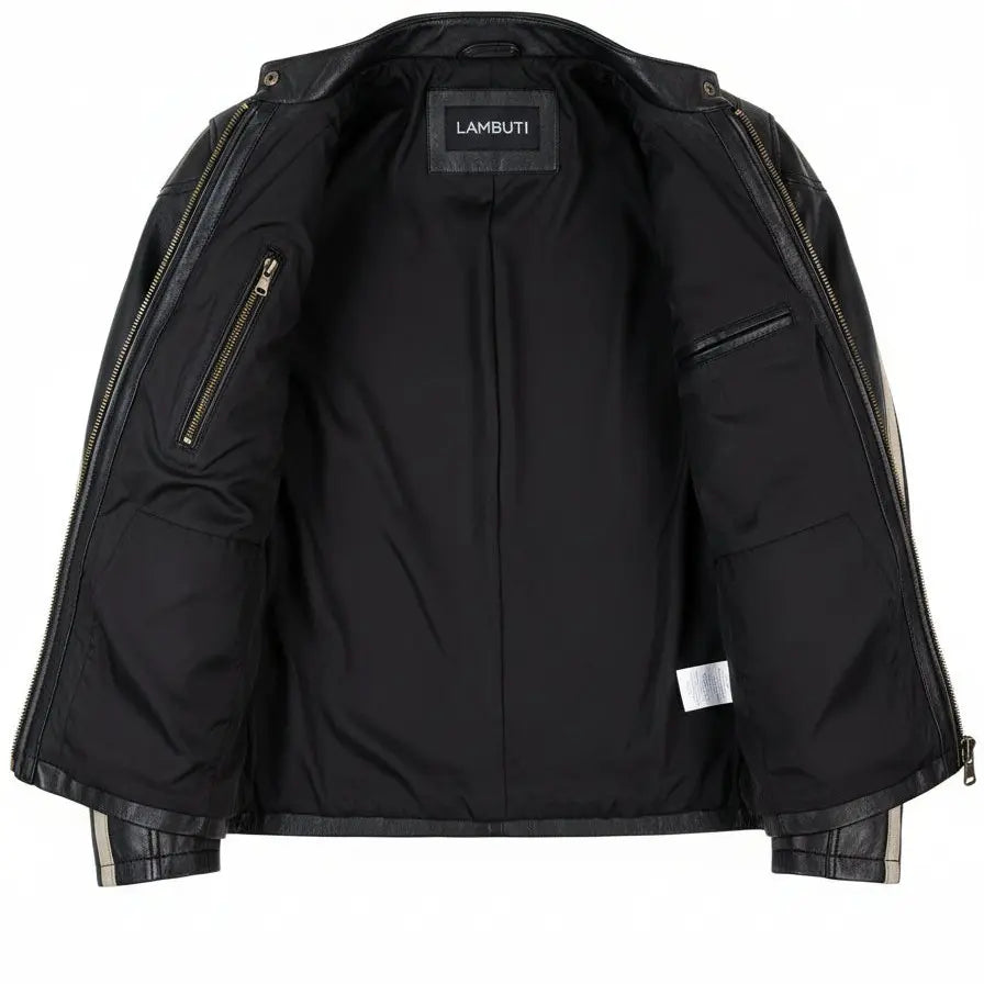 Men's Black and Cream Leather Biker Jacket — Blakemore
