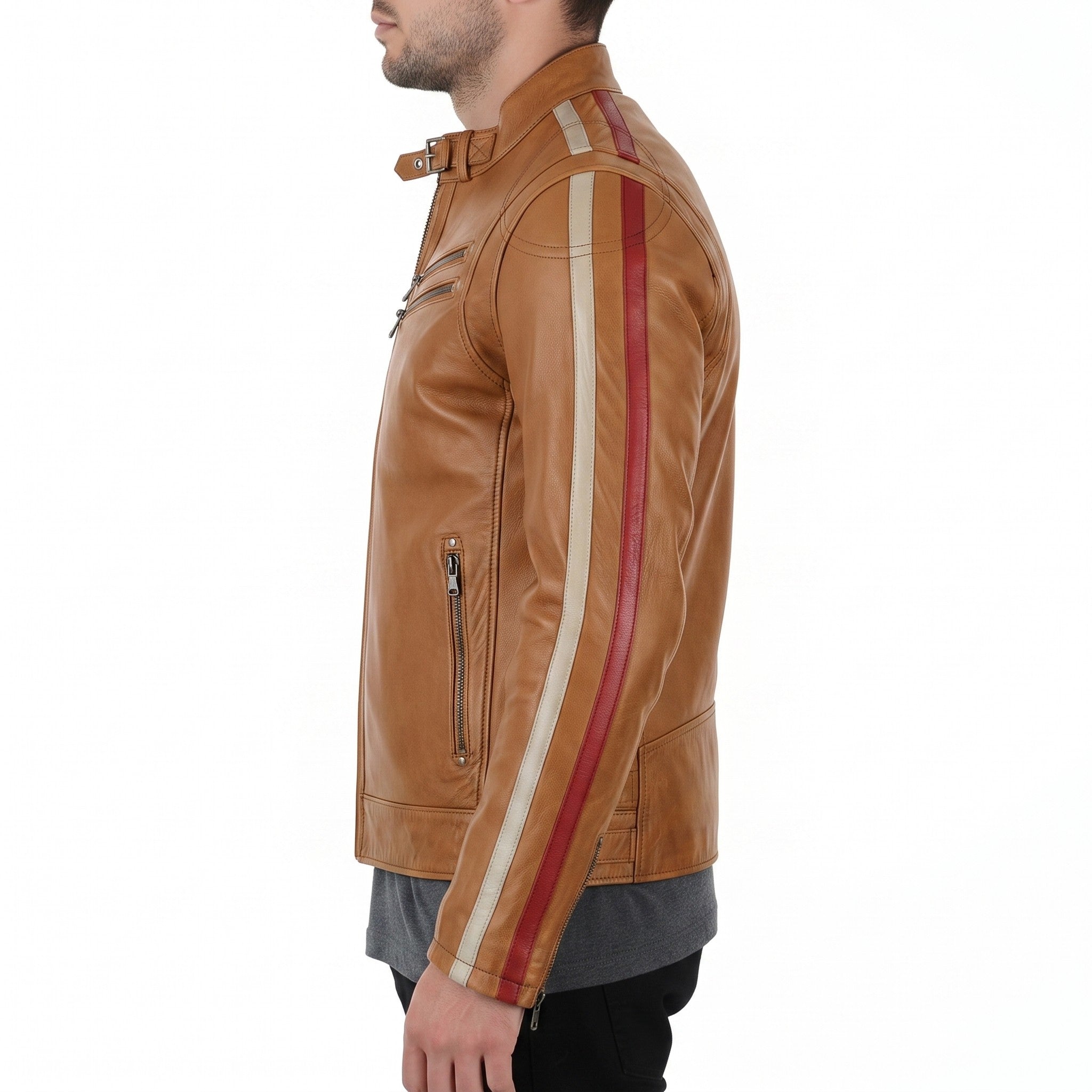 Men's Tan and Cream Leather Biker Jacket — Blakemore