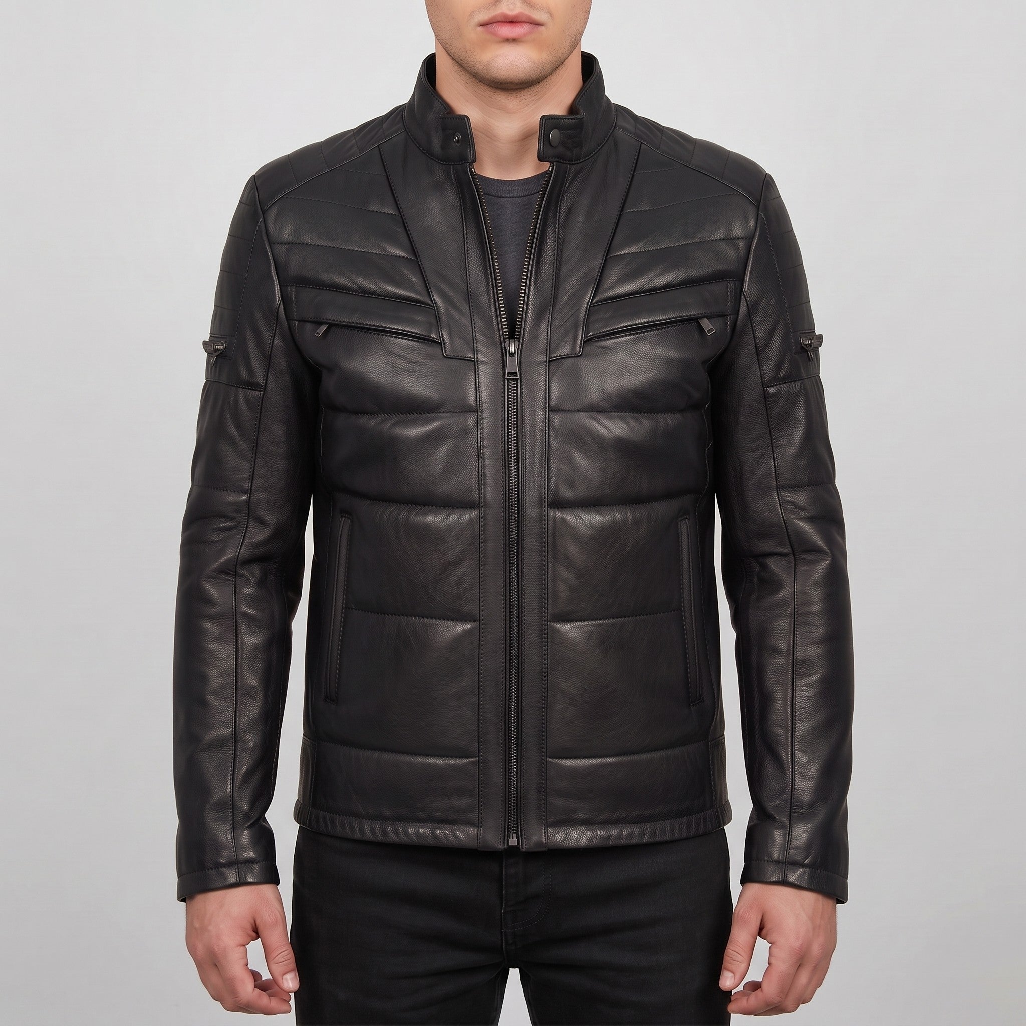 Men's Black Quilted Leather Cafe Racer Jacket — Arlesford