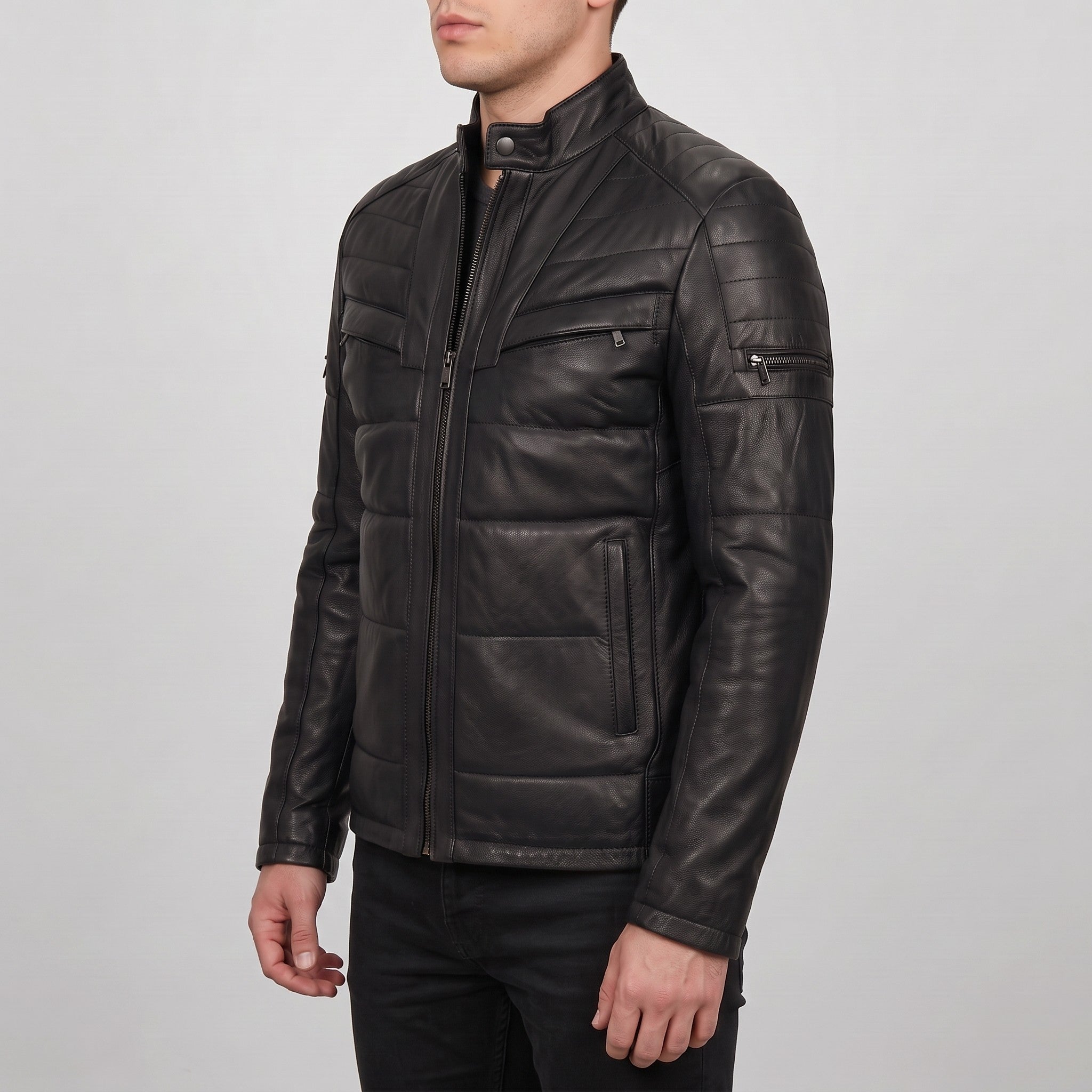Men's Black Quilted Leather Cafe Racer Jacket — Arlesford