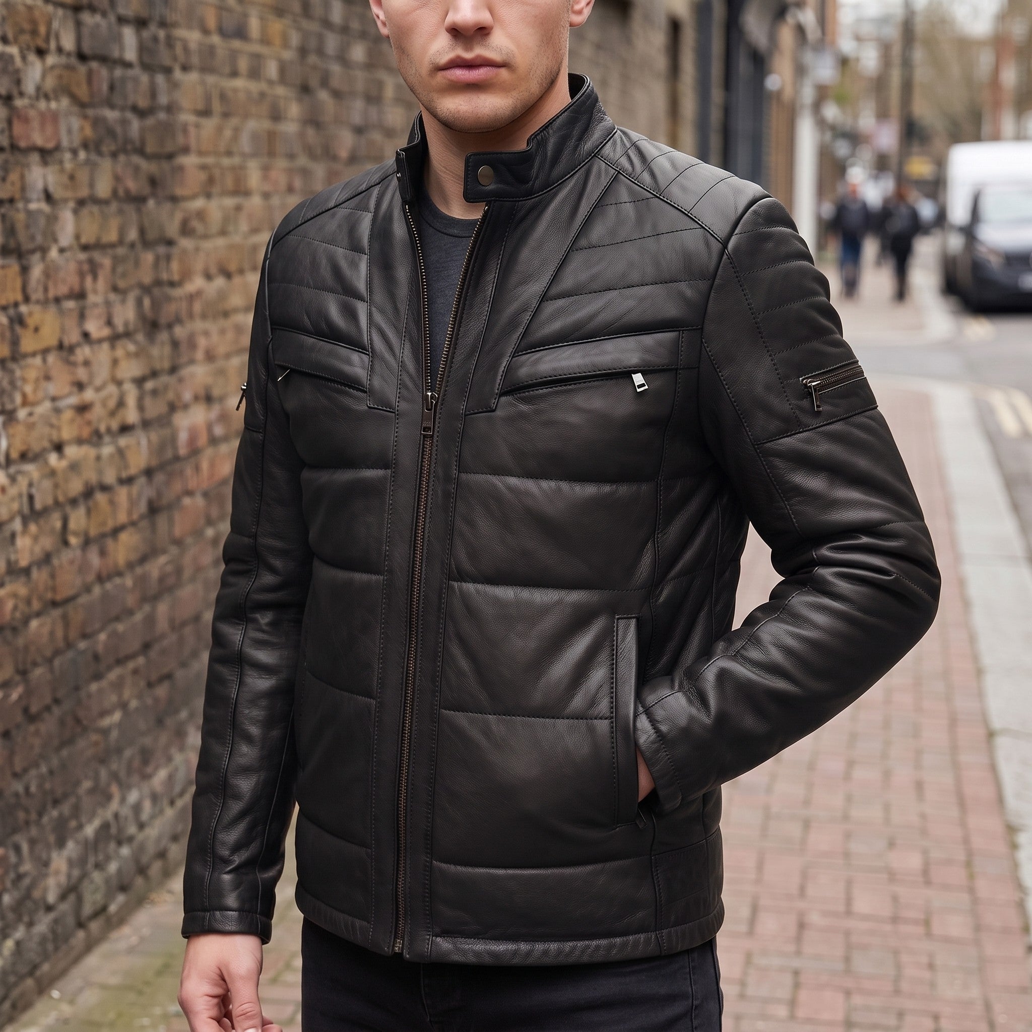 Men's Black Quilted Leather Cafe Racer Jacket — Arlesford