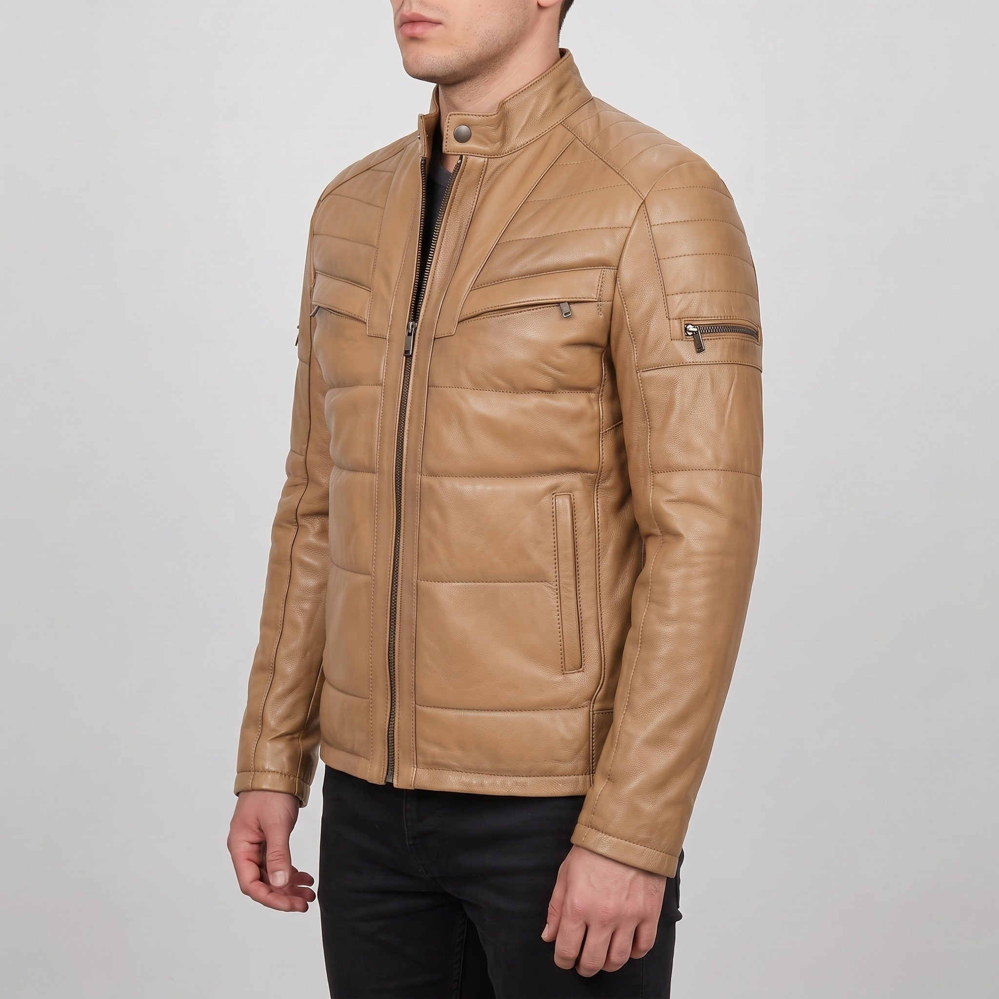 Men's Tan Quilted Leather Cafe Racer Jacket — Arlesford