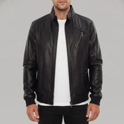 Men's Black Pebbled Leather Bomber Jacket — Forres