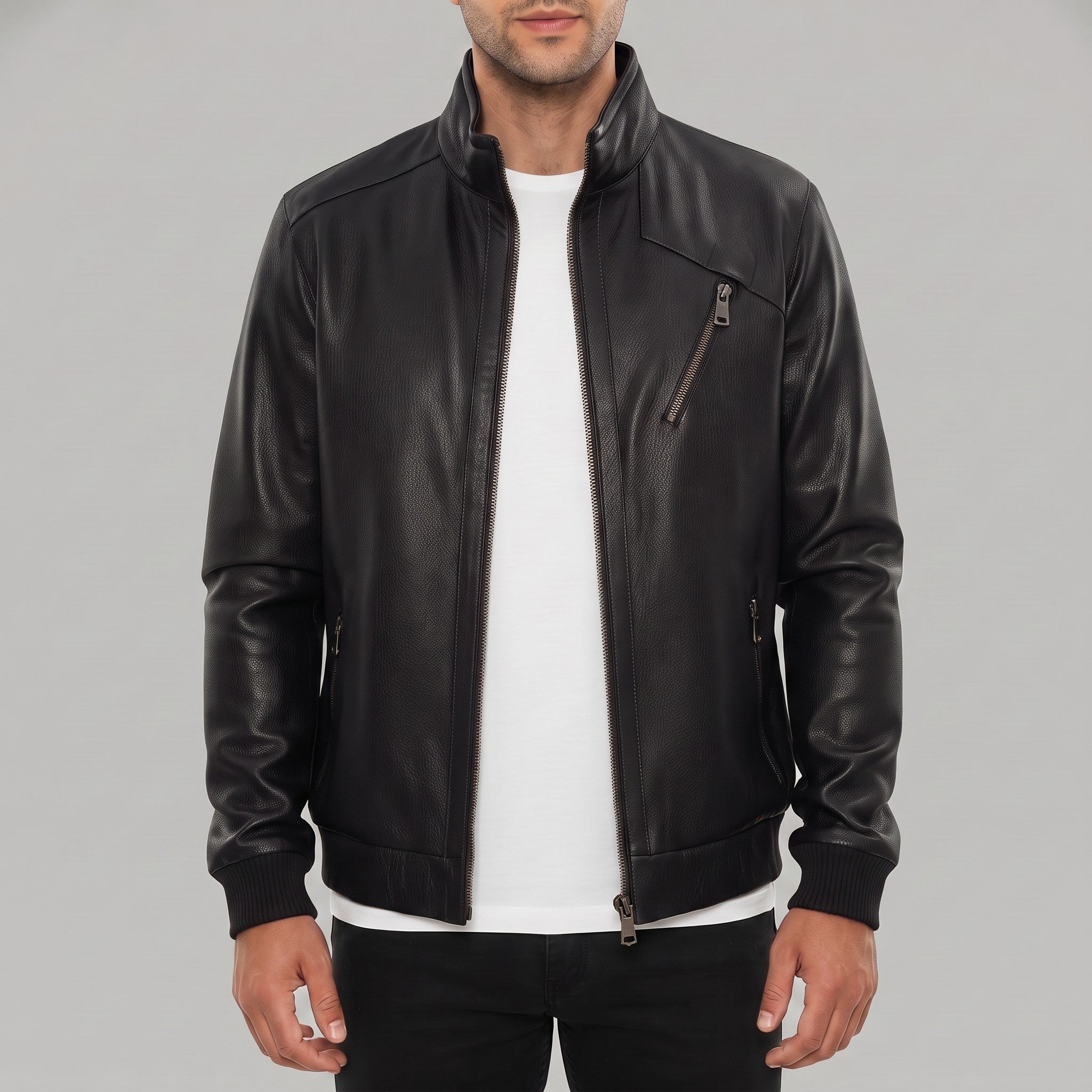 Men's Black Pebbled Leather Bomber Jacket — Forres