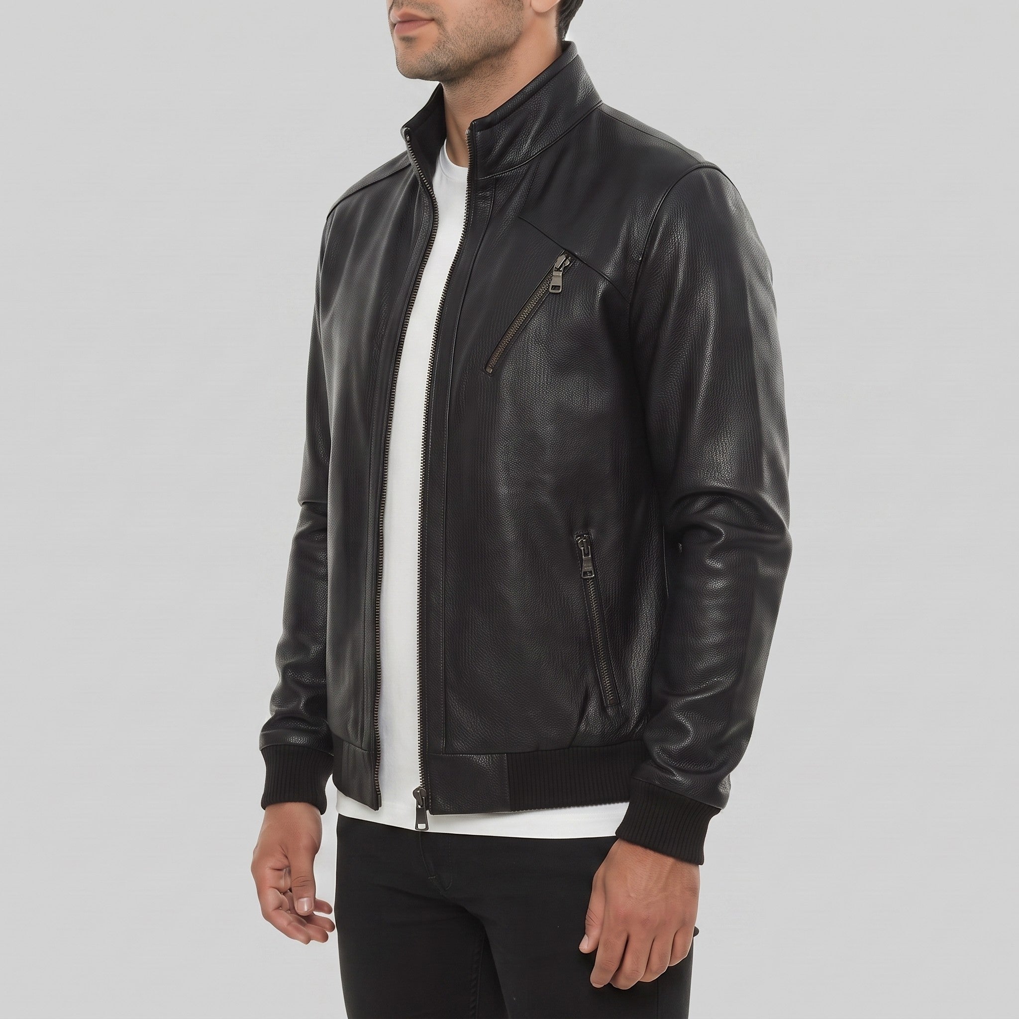Men's Black Pebbled Leather Bomber Jacket — Forres