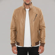 Men's Tan Pebbled Leather Bomber Jacket — Forres