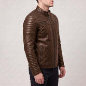 Men's Brown Quilted Leather Cafe Racer Jacket — Gedge