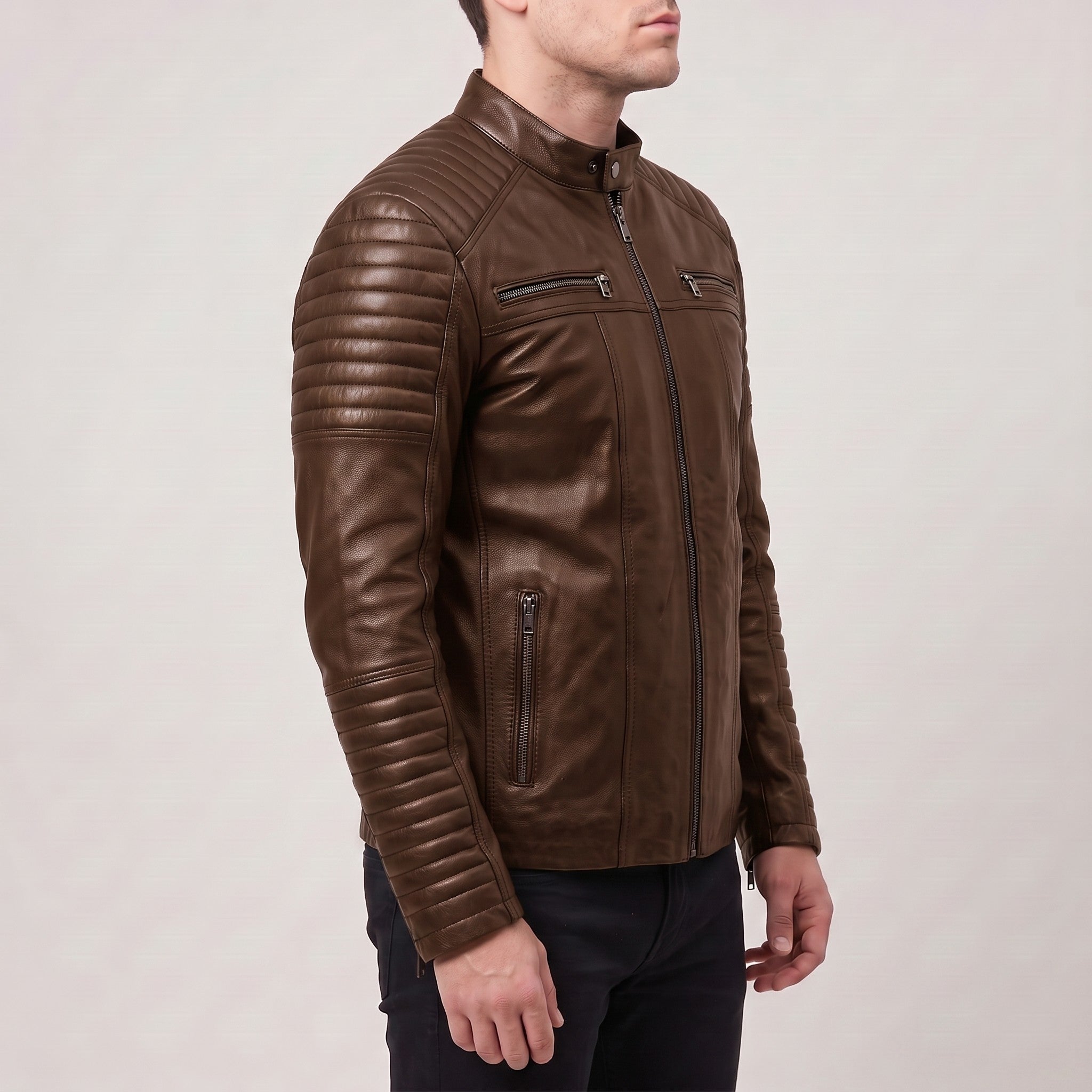 Men's Brown Quilted Leather Cafe Racer Jacket — Gedge