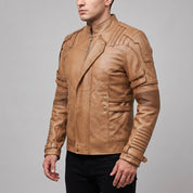 Men's Tan Leather Biker Jacket — Davenham