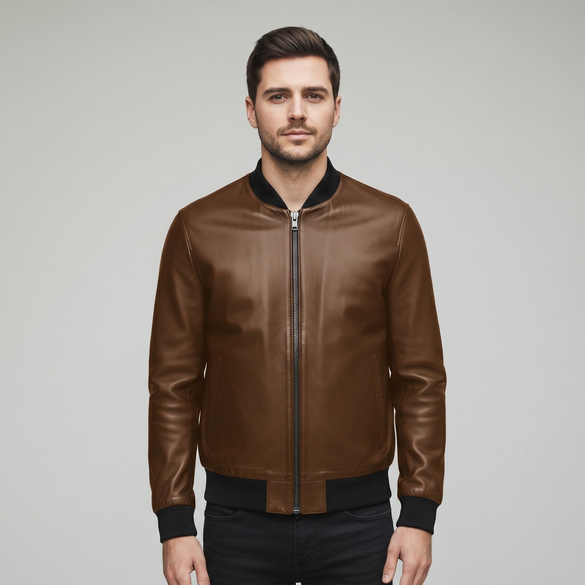 Men's Brown Leather Bomber Jacket — Hoby