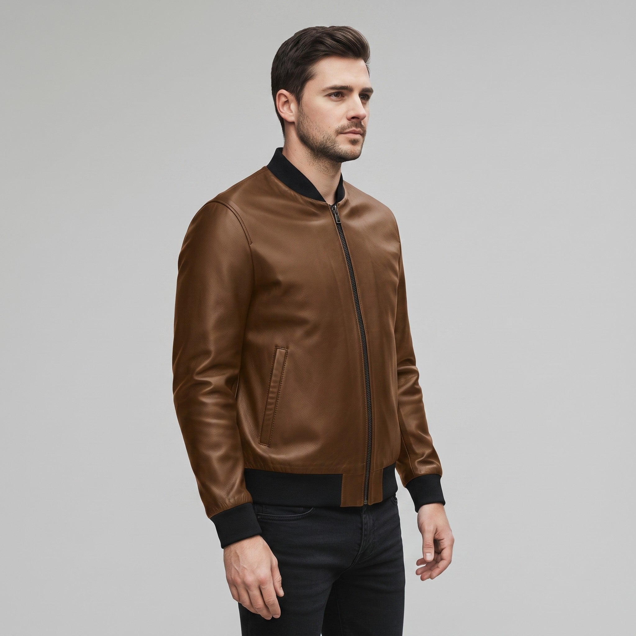 Men's Brown Leather Bomber Jacket — Hoby