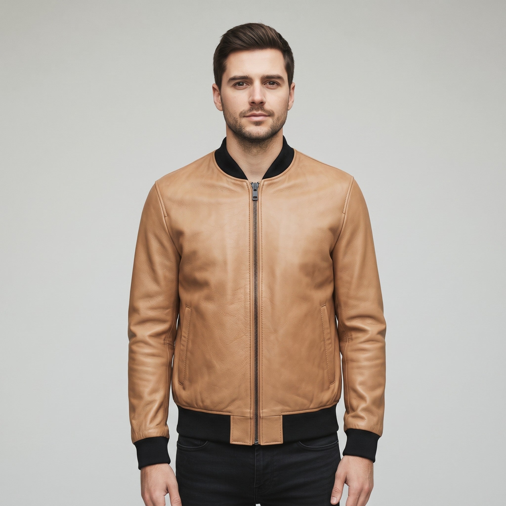Men's Tan Leather Bomber Jacket — Hoby