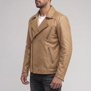 Men's Tan Asymmetric Zip Leather Biker Jacket — Bicton