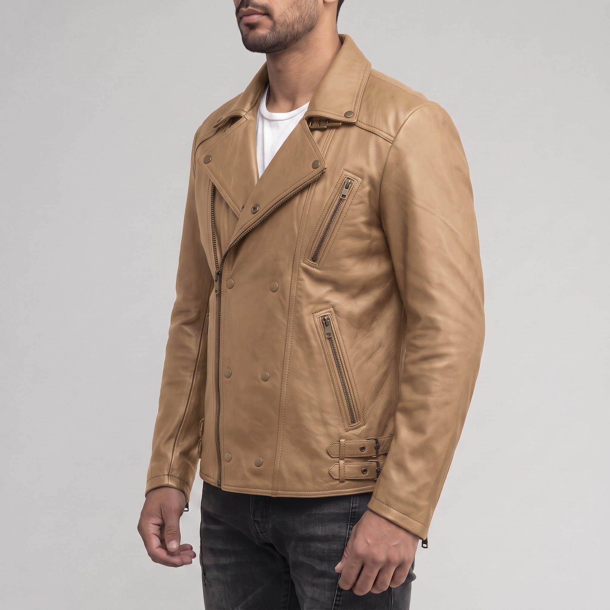 Men's Tan Asymmetric Zip Leather Biker Jacket — Bicton