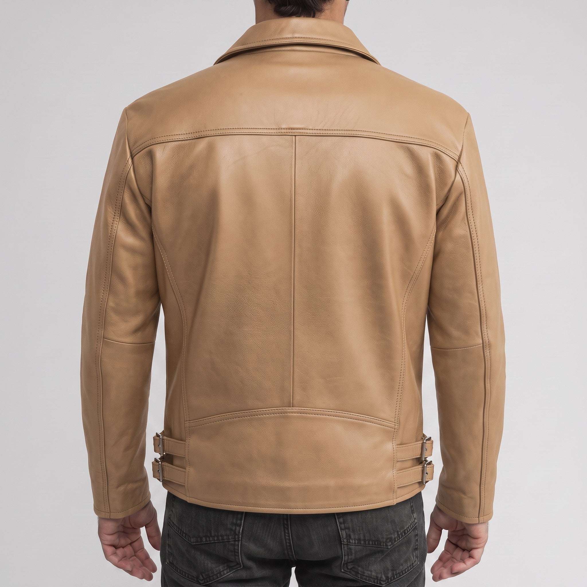 Men's Tan Asymmetric Zip Leather Biker Jacket — Bicton