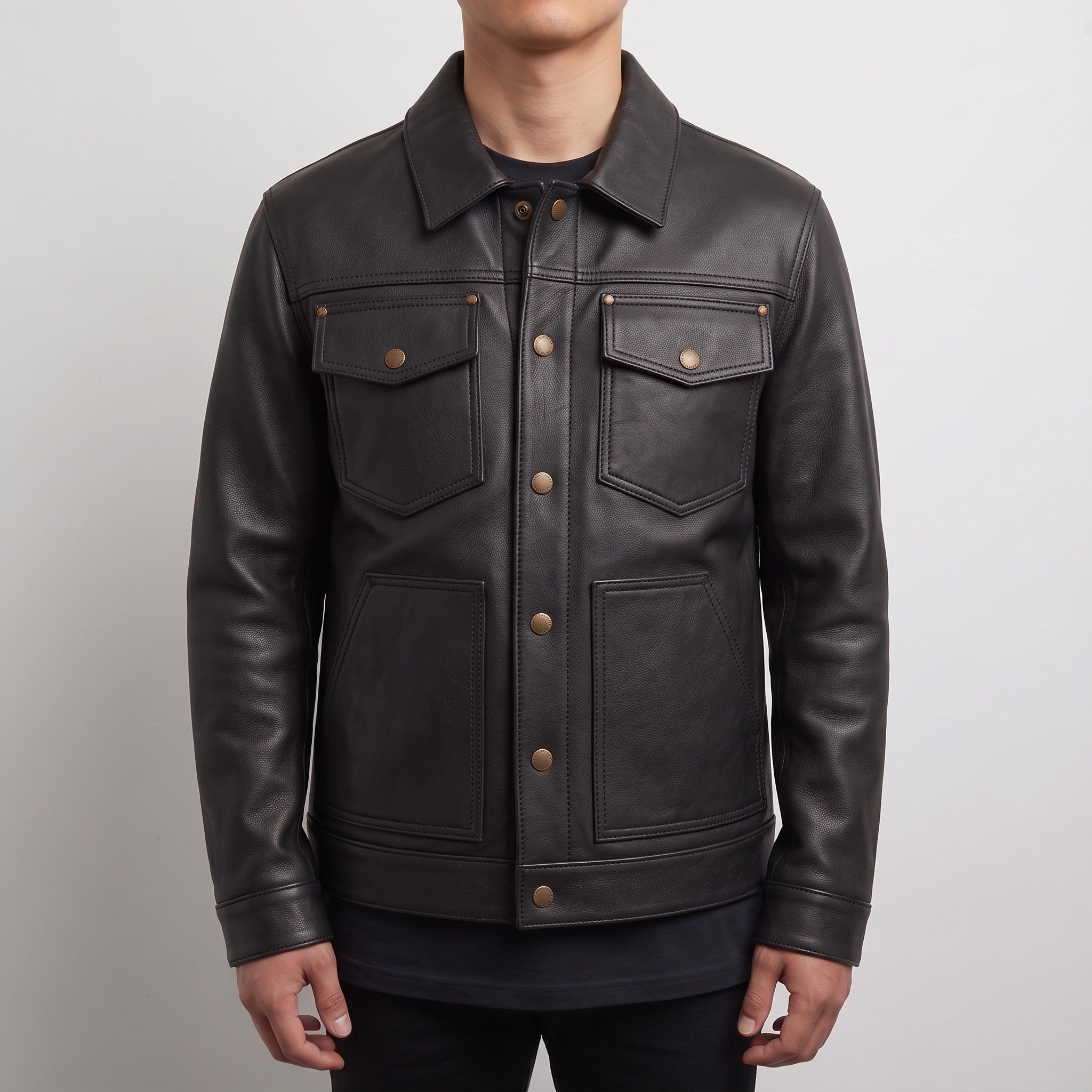 Men's Black Pebbled Leather Trucker Jacket — Hookham