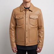 Men's Tan Pebbled Leather Trucker Jacket — Hookham
