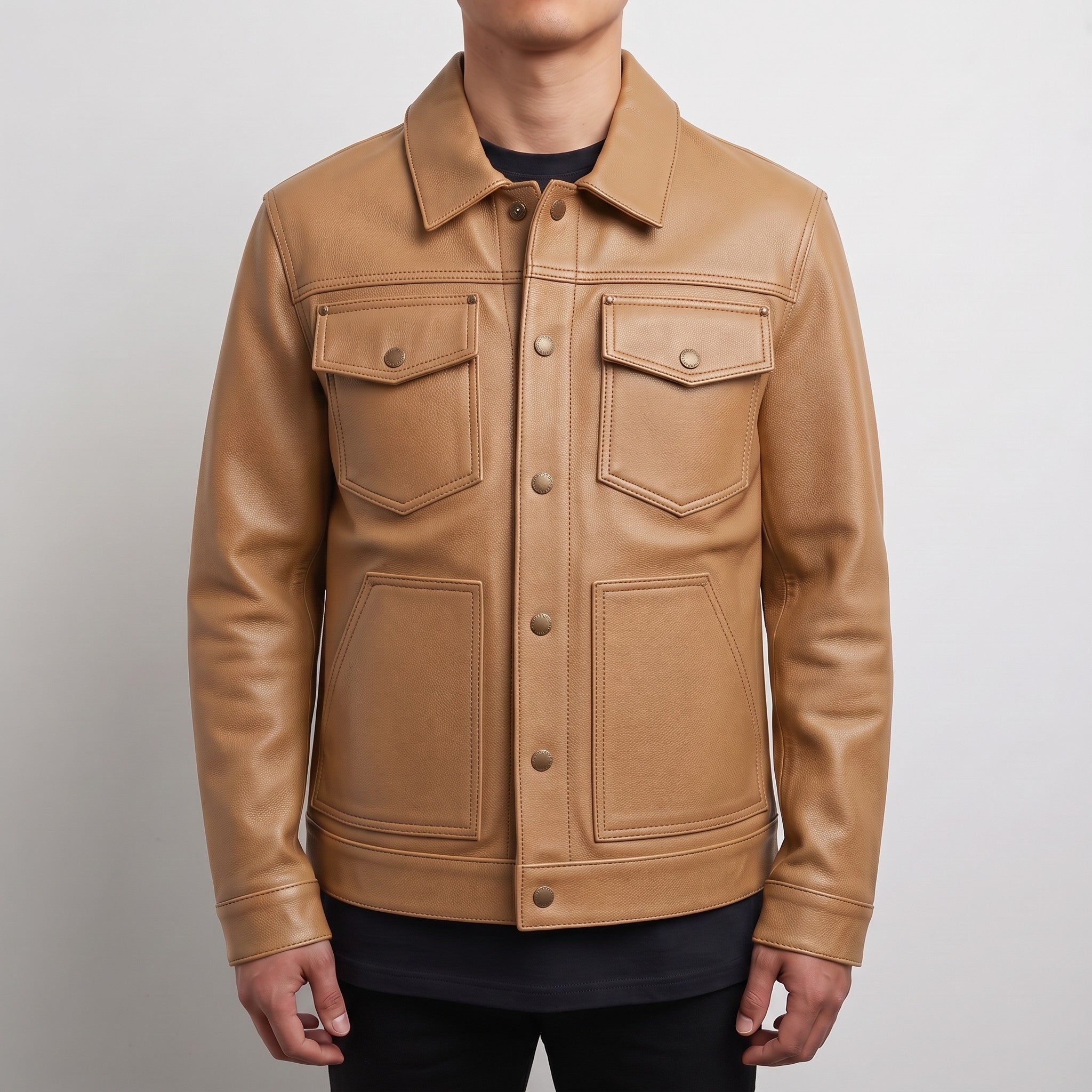 Men's Tan Pebbled Leather Trucker Jacket — Hookham