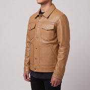 Men's Tan Pebbled Leather Trucker Jacket — Hookham