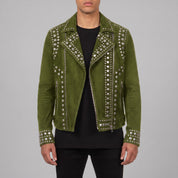 Men's Olive Green Studded Suede Biker Jacket — Ainstable