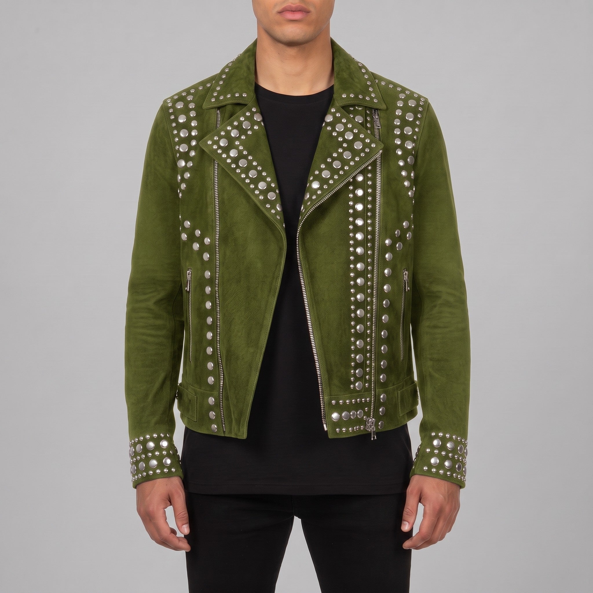 Men's Olive Green Studded Suede Biker Jacket — Ainstable