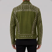 Men's Olive Green Studded Suede Biker Jacket — Ainstable