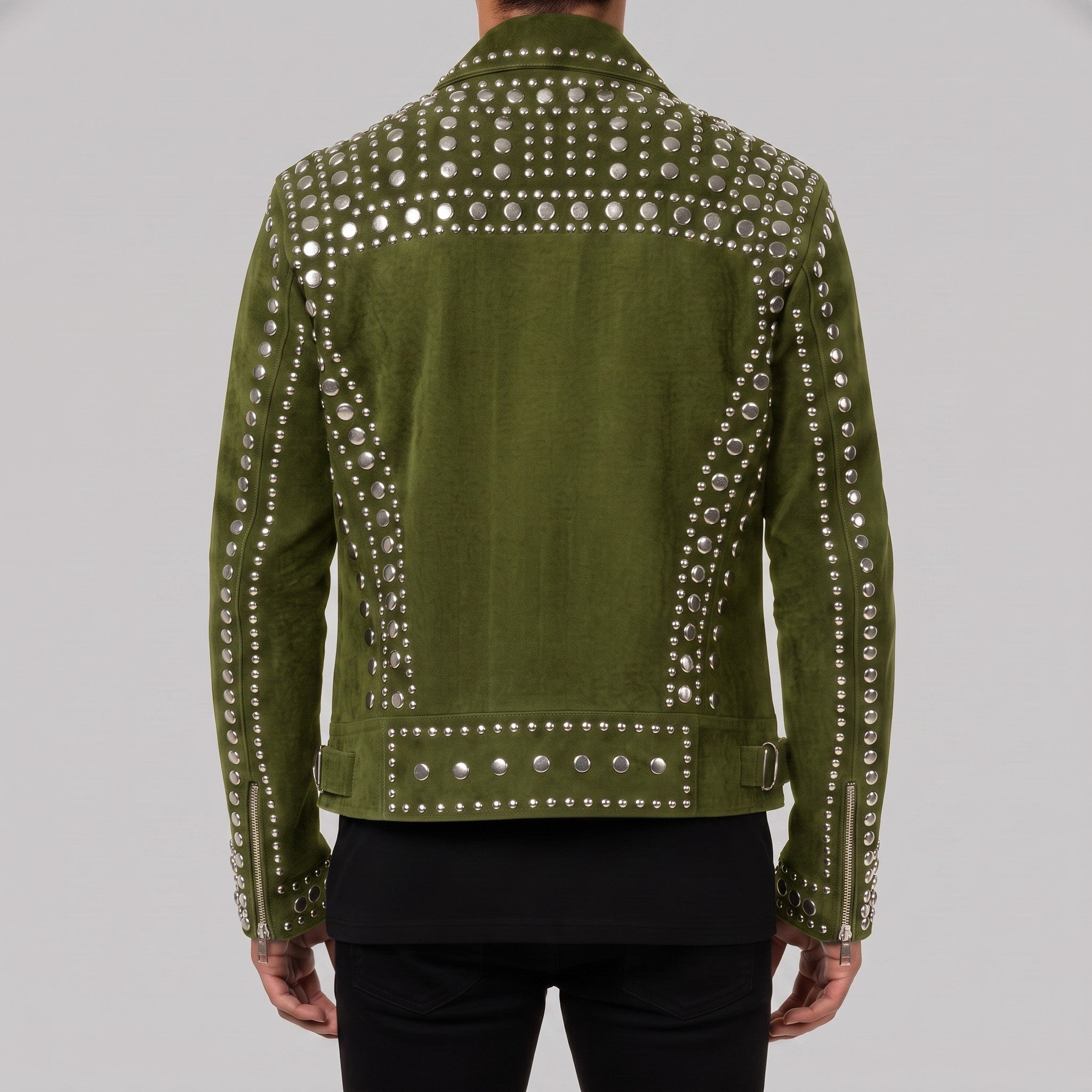 Men's Olive Green Studded Suede Biker Jacket — Ainstable