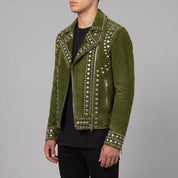 Men's Olive Green Studded Suede Biker Jacket — Ainstable