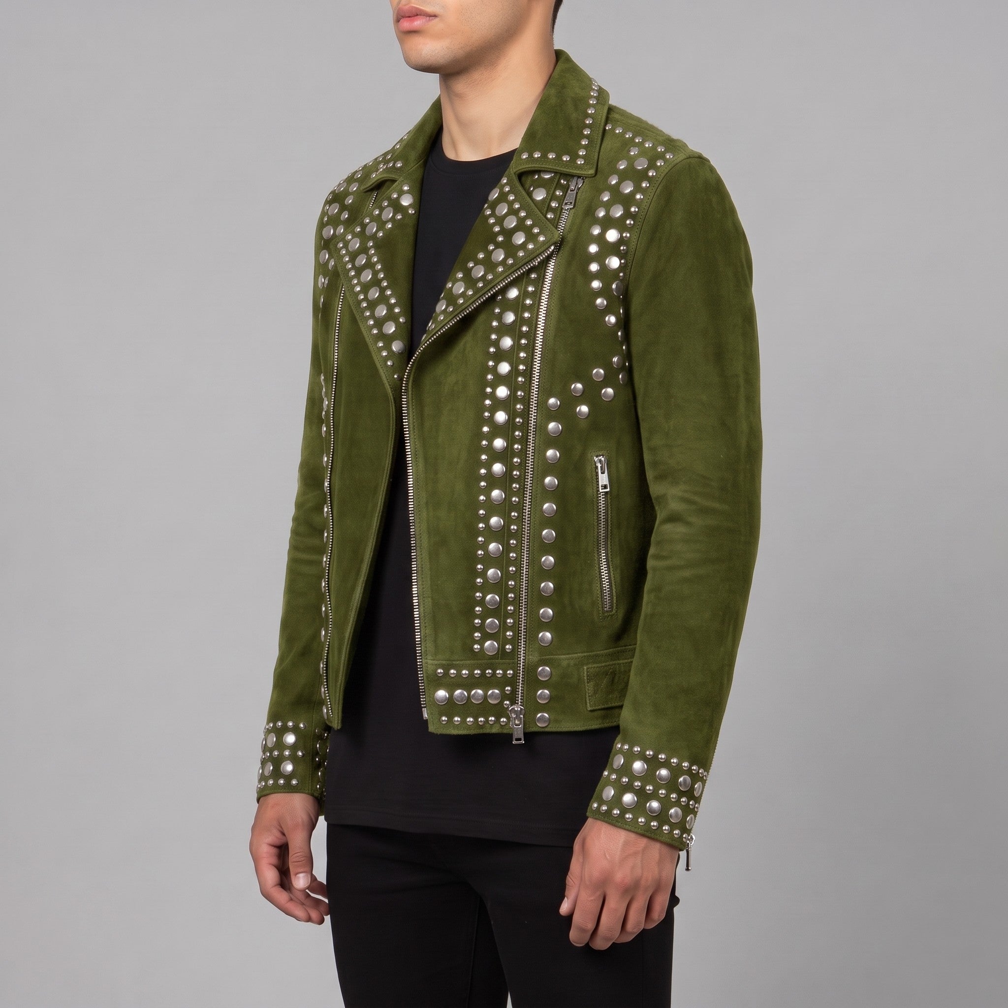 Men's Olive Green Studded Suede Biker Jacket — Ainstable