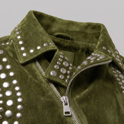 Men's Olive Green Studded Suede Biker Jacket — Ainstable