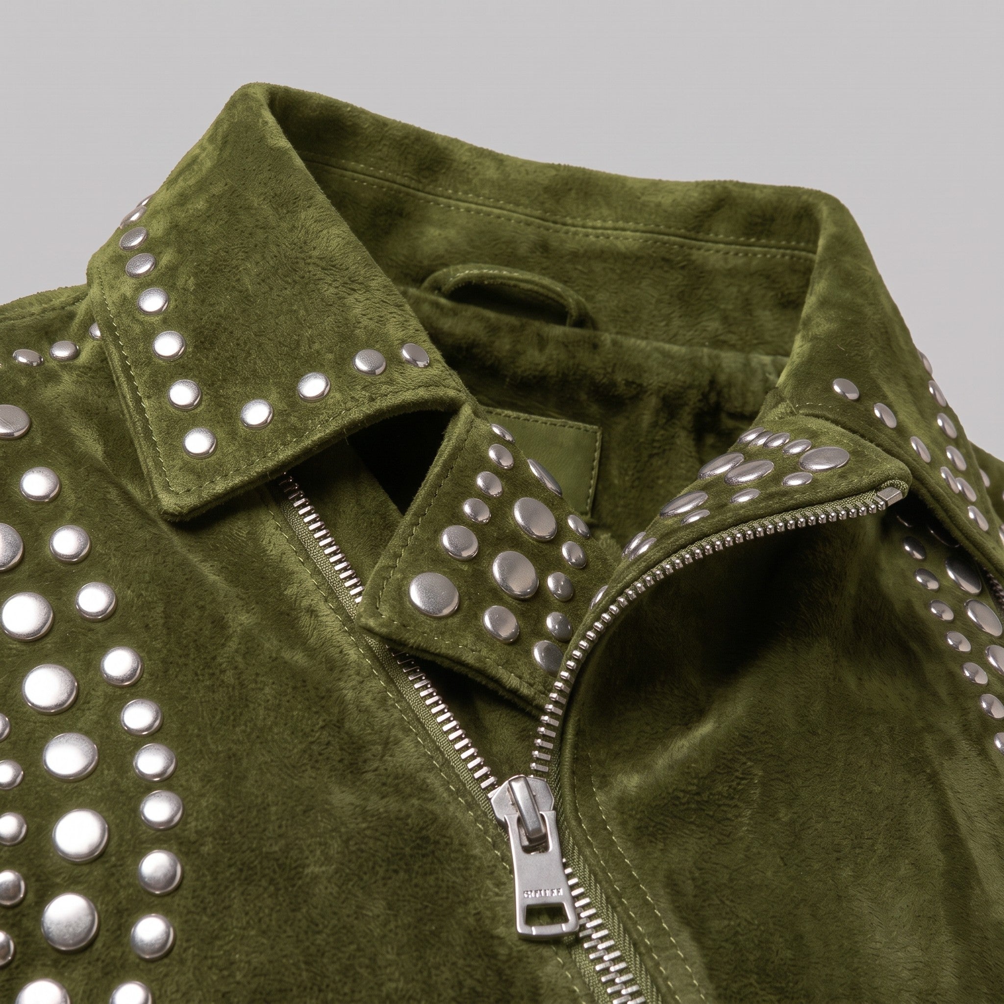 Men's Olive Green Studded Suede Biker Jacket — Ainstable