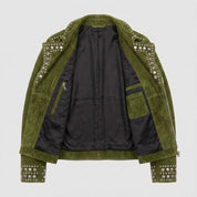 Men's Olive Green Studded Suede Biker Jacket — Ainstable
