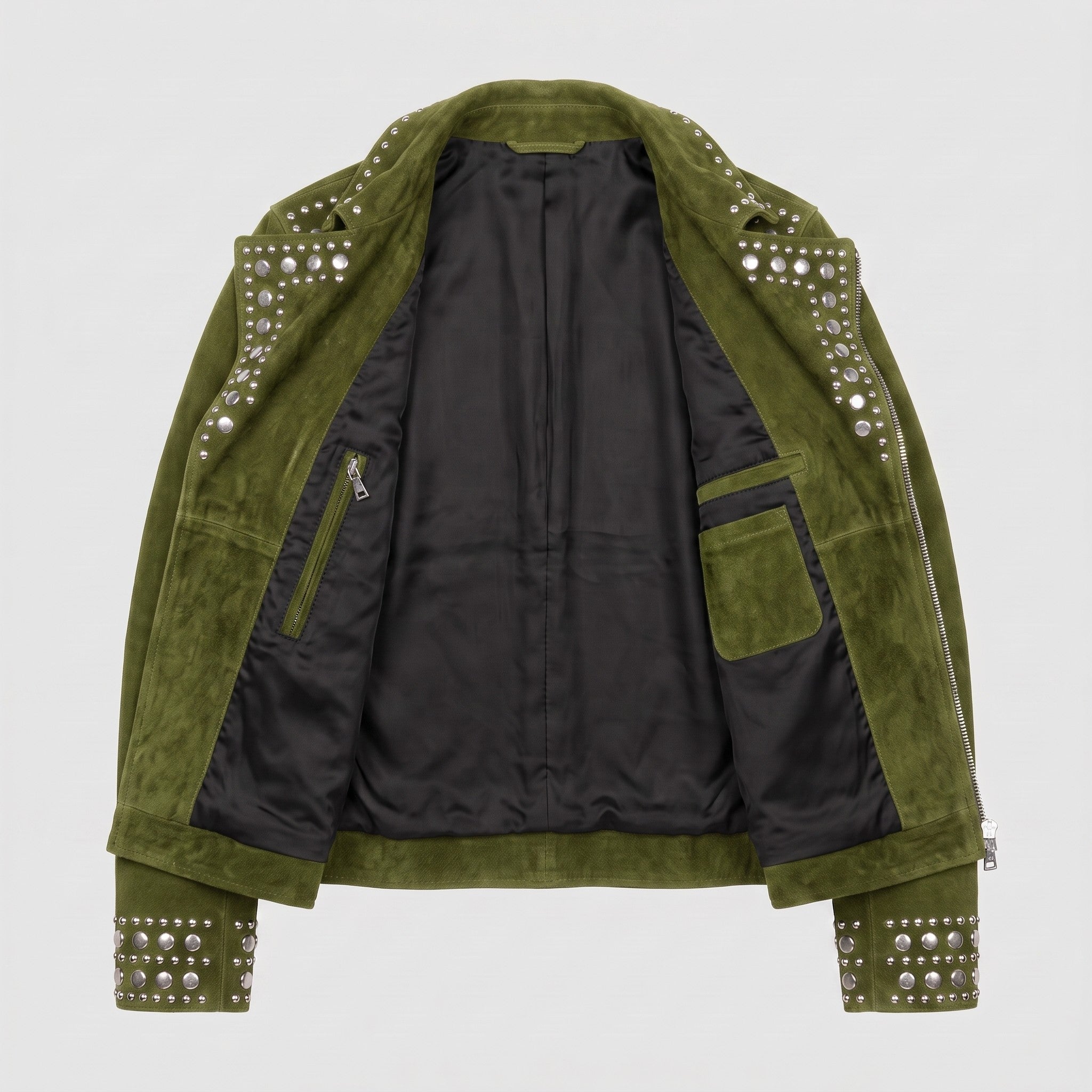 Men's Olive Green Studded Suede Biker Jacket — Ainstable