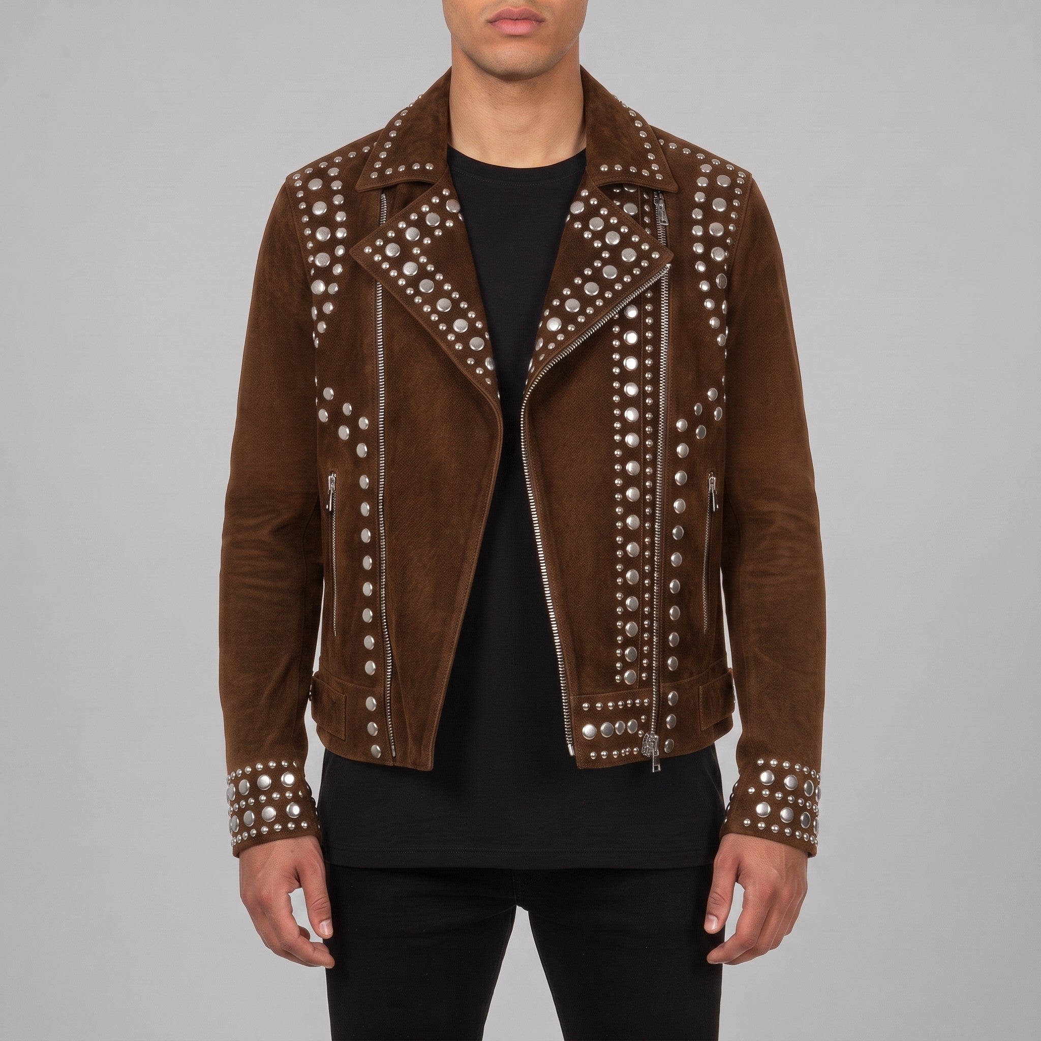 Men's Brown Studded Suede Biker Jacket — Ainstable