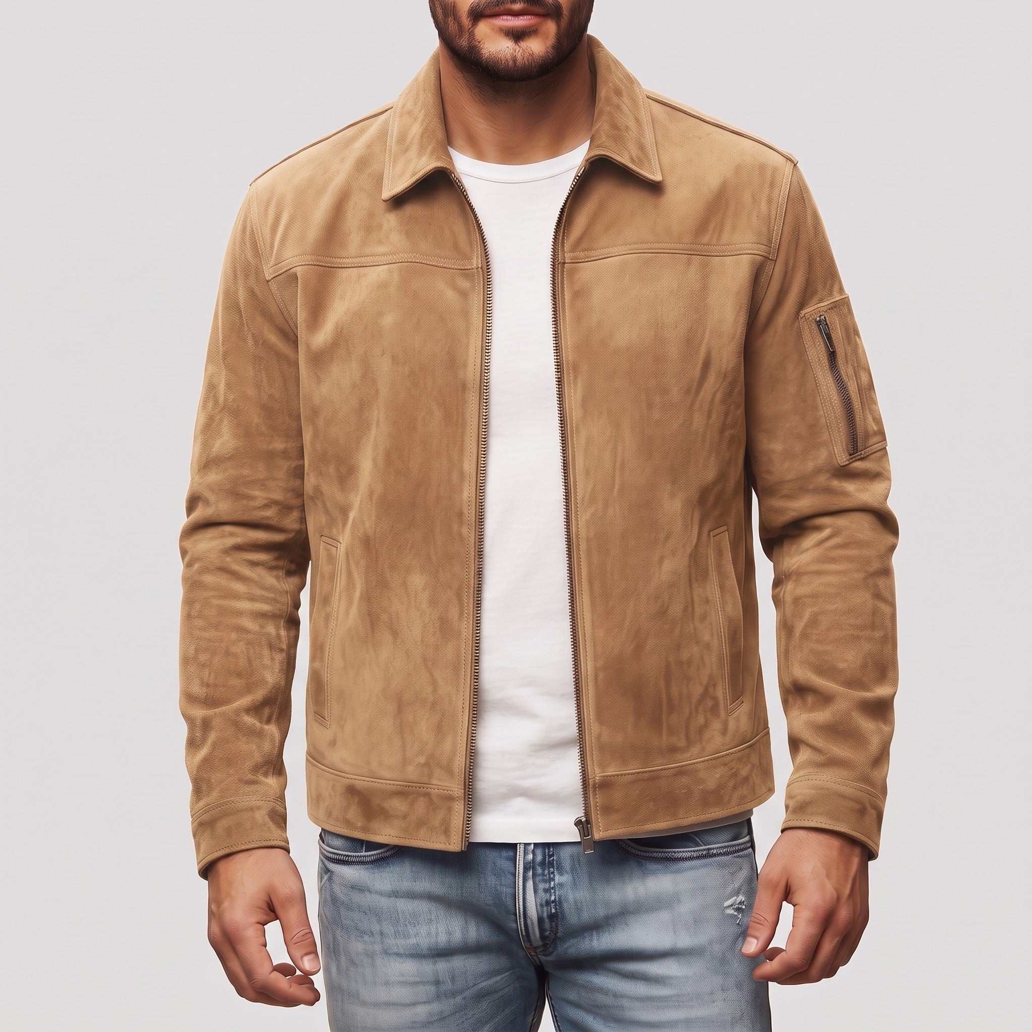 Men's Tan Suede Bomber Jacket — Fenfield