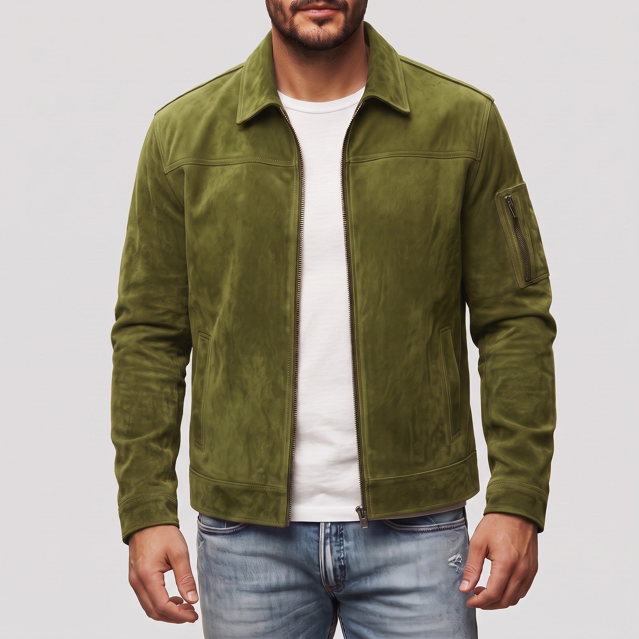 Men's Olive Green Suede Bomber Jacket — Fenfield