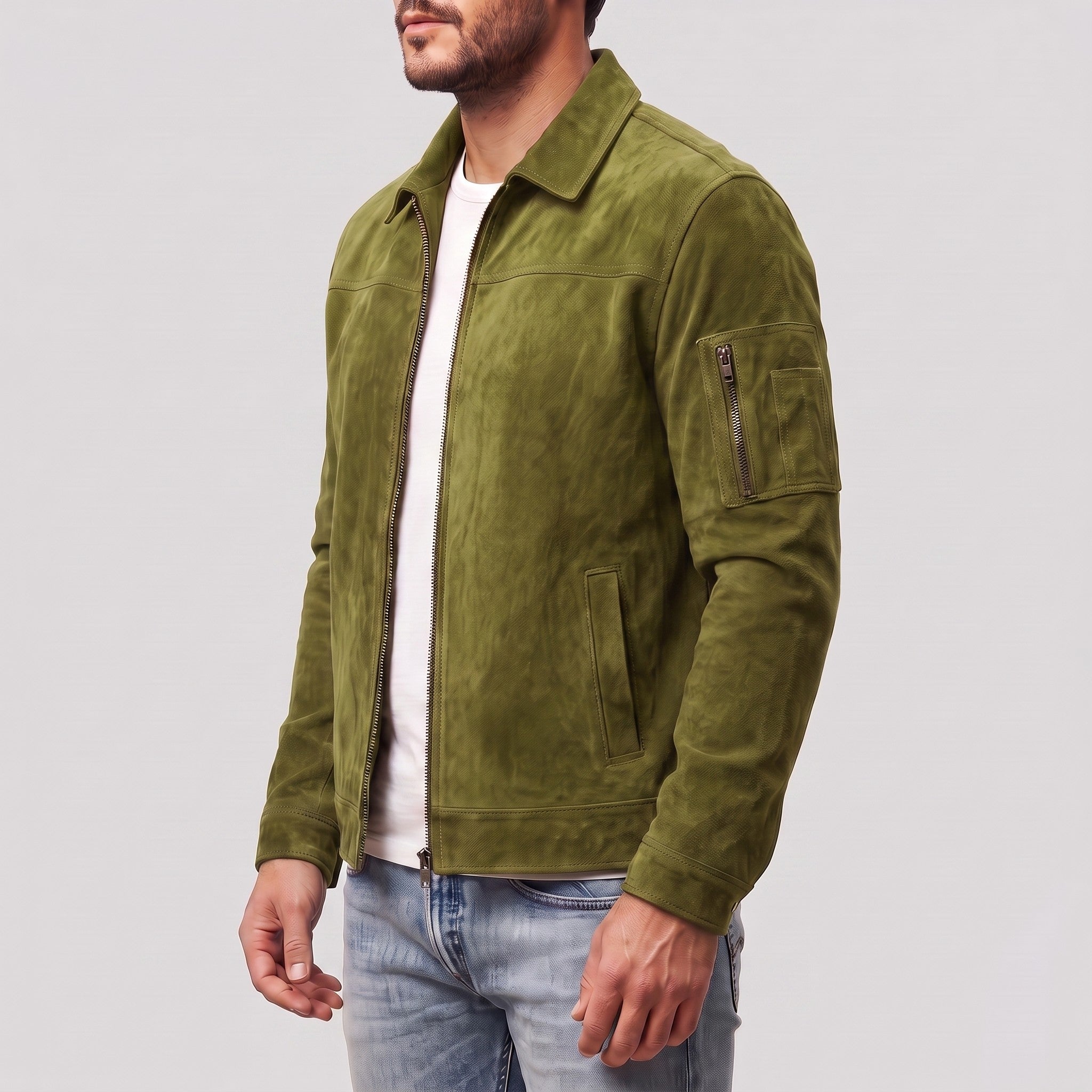 Men's Olive Green Suede Bomber Jacket — Fenfield
