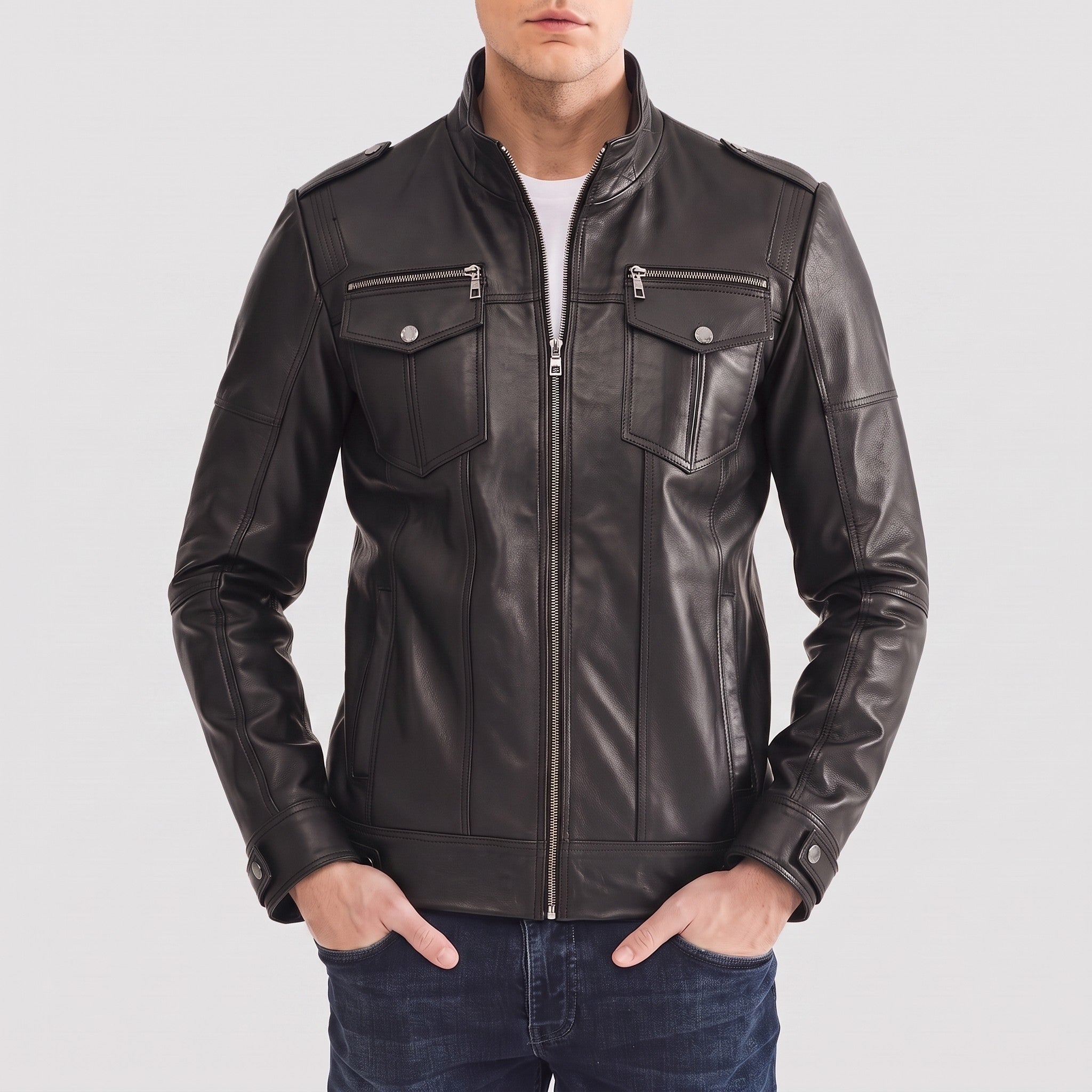 Men's Black Leather Cafe Racer Jacket — Highley