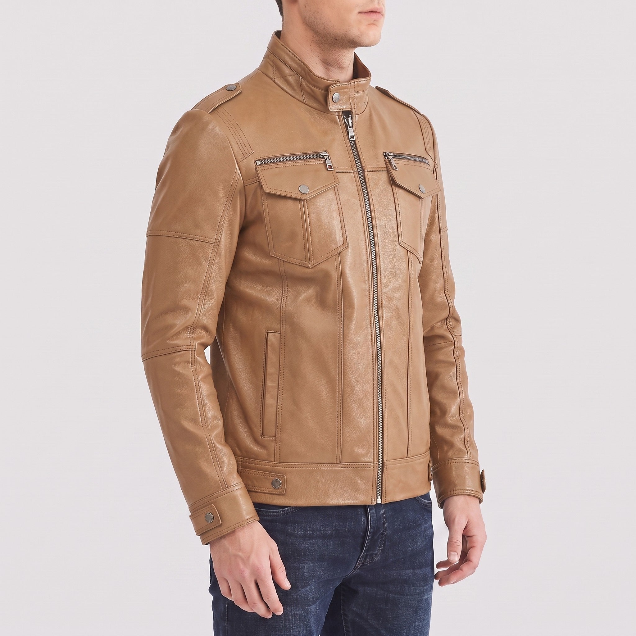 Men's Tan Leather Cafe Racer Jacket — Highley