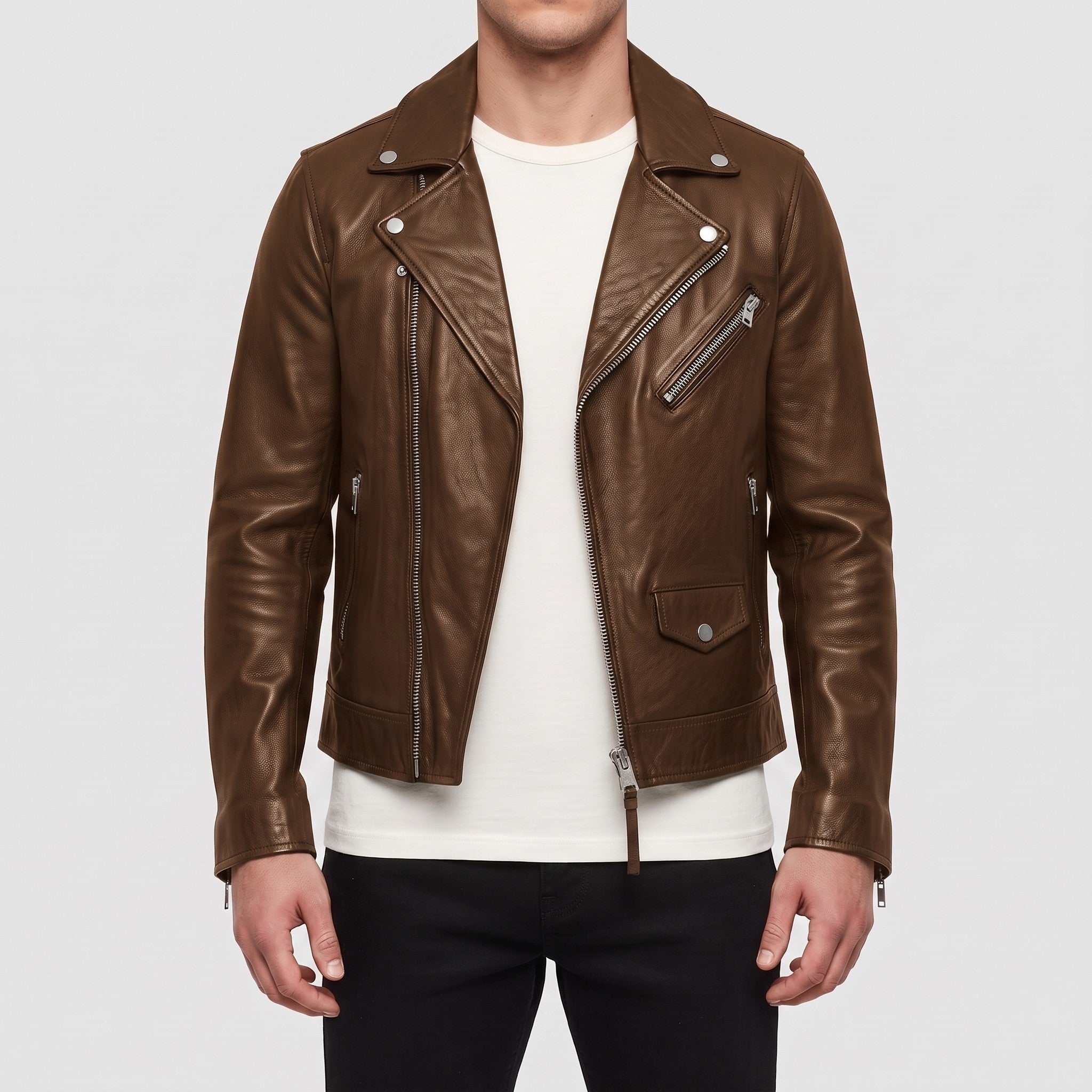 Men's Brown Leather Biker Jacket — Padmore