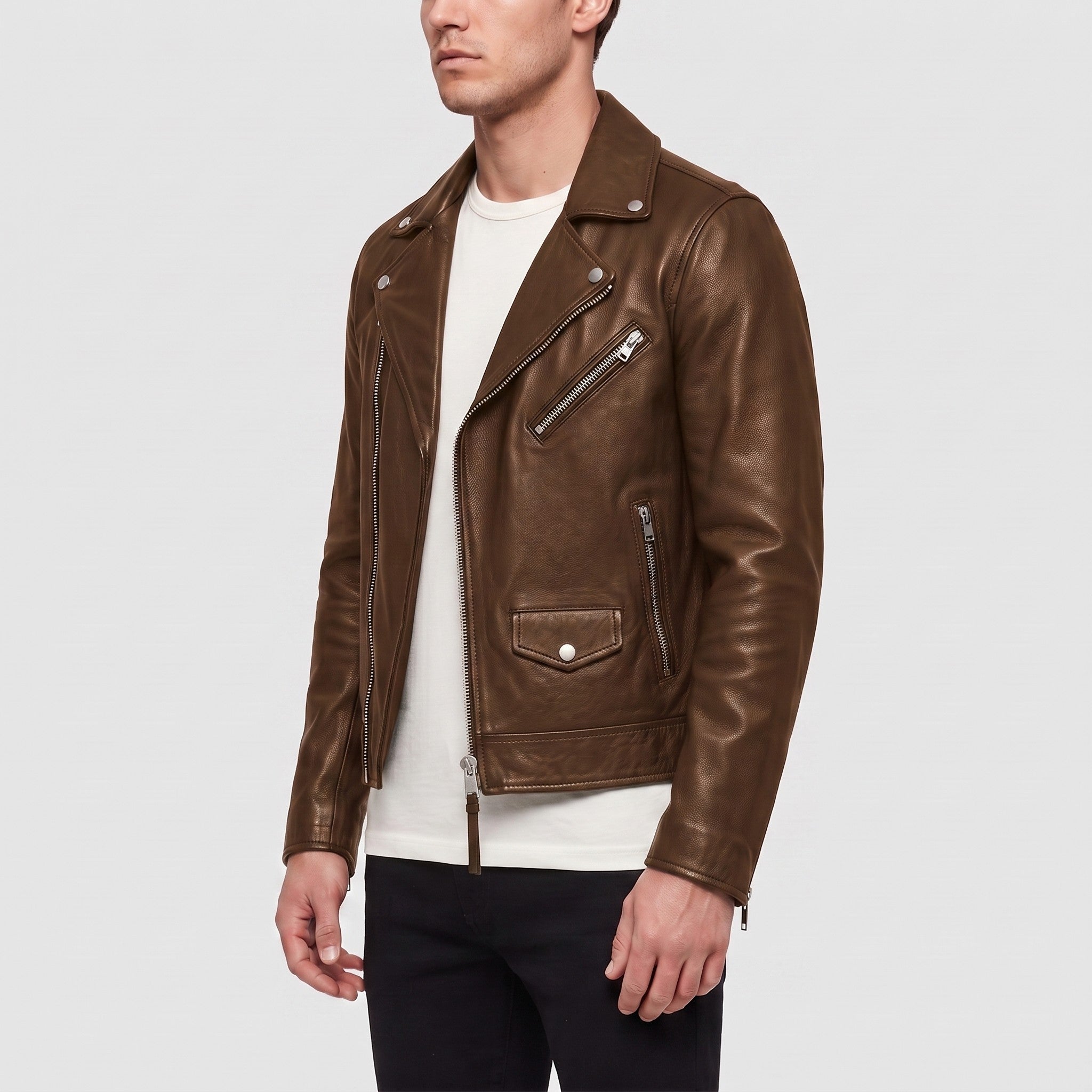 Men's Brown Leather Biker Jacket — Padmore