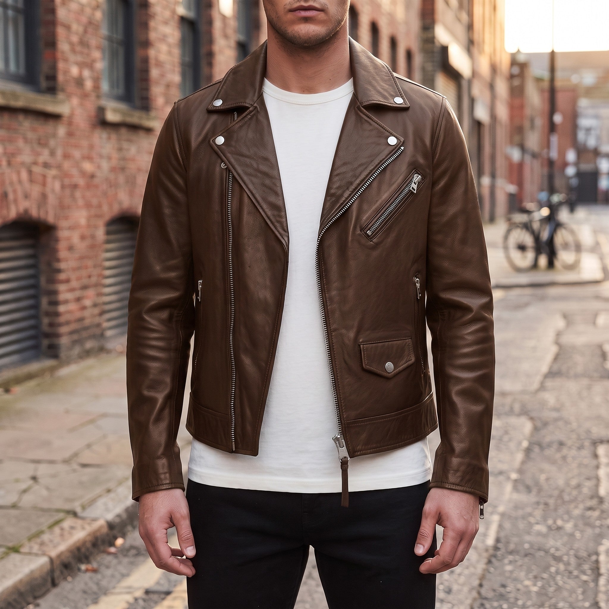 Men's Brown Leather Biker Jacket — Padmore